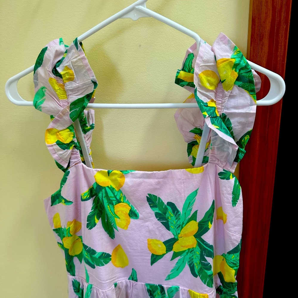 NWT, J. Crew, Lemon Print, Icy Pink&Pale Lemon Squareneck Midi Dress Cotton Sz 8